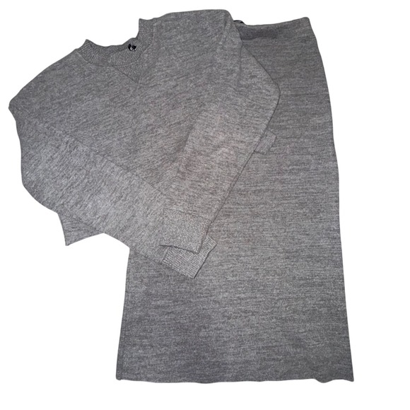 ZARA Knit 2pc Skirt Set Womens S Gray Cropped Sweater Midi Skirt Minimalist - Picture 2 of 10